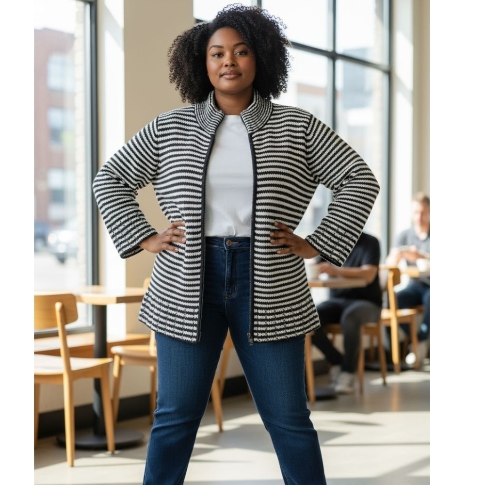 Talbots Navy/White Striped Zipper Front High Neck Cardigan